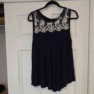 Green Envelope Black Tank Top with White Lace Detail